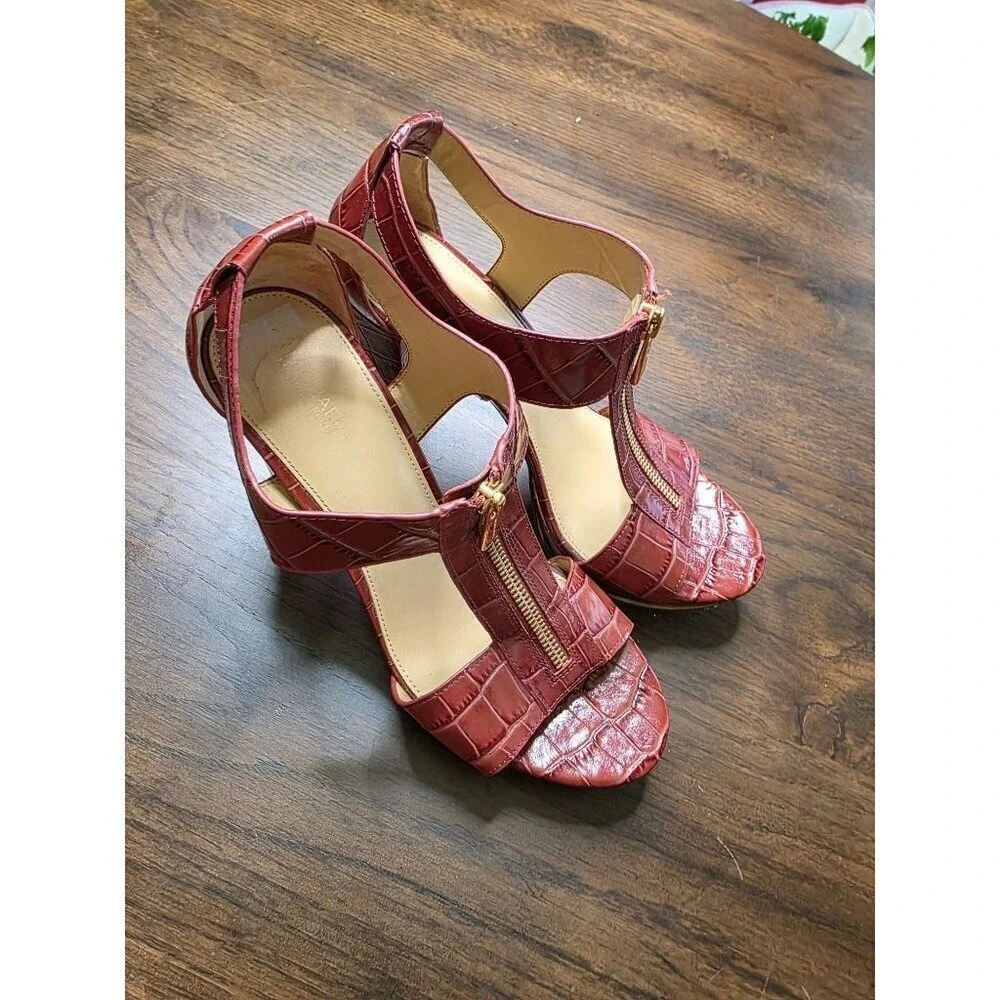 Michael Kors Red Croc Embossed T-Strap High Heel Sandals 9.5M